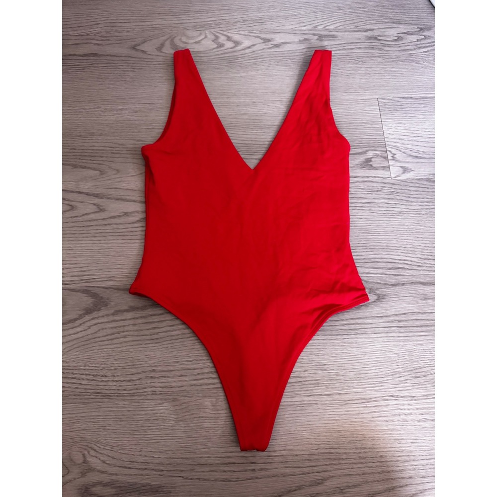 Babaton Aritzia Red V-Neck Thong Bodysuit Small Sleeveless High Cut Red Top